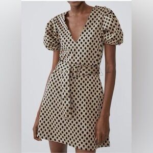 NWT- ZARA Belted Polka Dot Tan & Black Mini Dress